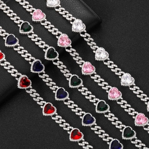 9mm Cuban link necklace with colorful heart zircon stones and iced out diamond plating