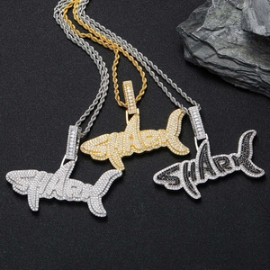 Hip-Hop Haifisch-Anhänger-Halskette mit Zirkonia-Steinen in Silber und Gold mit Seilkette
