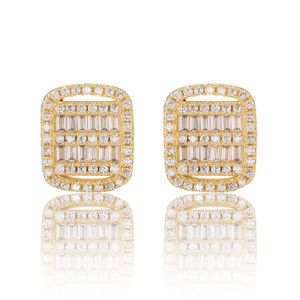 Square hip-hop gold earrings for men featuring micro-paved baguette and round zircon stones