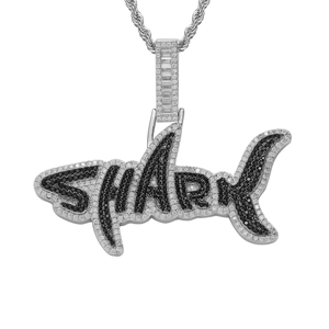 Hip Hop Hai Anhänger Halskette Kupfer Voll Zirkonia Eingelegt Tier Hai Buchstaben Halskette Für Herren Street Schmuck