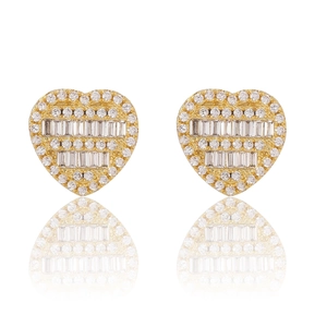 Boucles d'oreilles cœur hip hop dorées avec zircons ronds et baguettes sertis