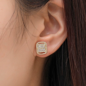 Hip hop square gold earrings with multi-layered micro-pave cubic zirconia on male ear