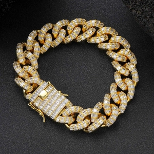 Iced out 16mm gold Cuban link bracelet with baguette-cut zircons in hip hop style
