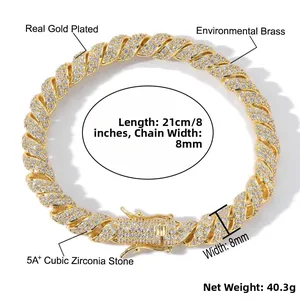 Detailansicht des 8mm Gold-Cuban-Armbands mit 5A Zirkonia und Größenangaben zum Produkt