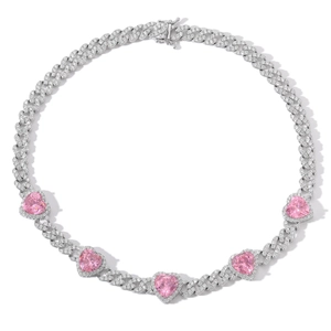 Iced out 9mm Cuban link chain with pink heart-shaped stones for men and women