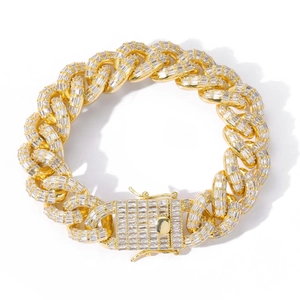 Gold-plated 16mm Cuban link bracelet with square-cut white zircon pavé setting
