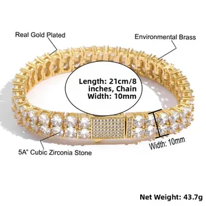 Détail du bracelet en laiton doré à double rangée de 10mm avec zircons 5A+ cubiques