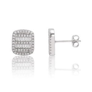 Hip hop square stud earrings for men featuring micro pave crystals and silver metal
