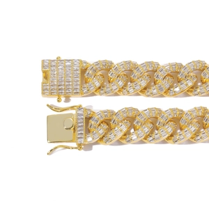 16mm gold Cuban link bracelet for men with emerald cut white cubic zirconia setting