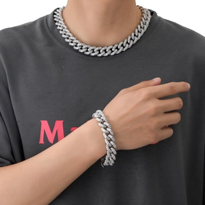 Hip hop style 16mm iced out Cuban link necklace and bracelet set with square cubic zirconia