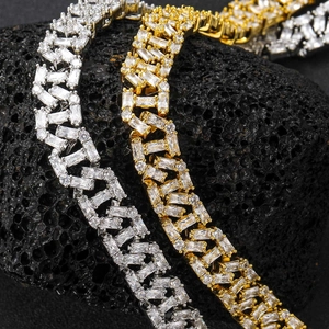 Iced Out Hip Hop Baguette Cubic Zirconia Cuban Link Chain Necklace Bracelet For Men Women Copper Rhodium Plated Jewelry