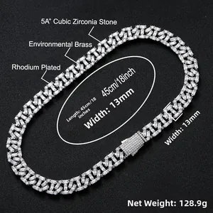 Detail of 13mm iced out Cuban chain with 45cm length and 128.9g weight specifications