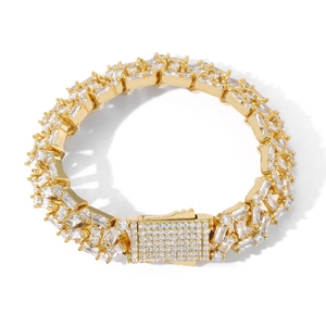 13mm hip-hop gold Cuban bracelet with baguette square cubic zirconia and secure folding clasp