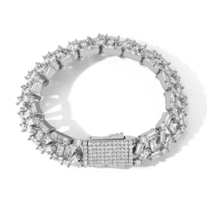 Luxurious silver Cuban link bracelet with 13mm pave square zircon stones in minimalist style