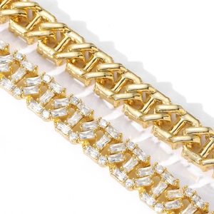 Detailed close-up of 13mm gold Cuban link chain with square cubic zirconia inlay