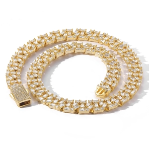 Luxury 13mm gold cuban link necklace with rectangular zircon stones and box clasp