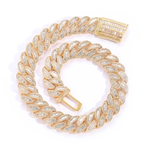 Golden 20mm iced out Miami Cuban link chain necklace with baguette and round zircons