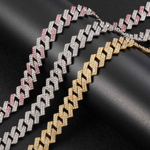 Chaînes à maillons cubains 14mm en or, argent et strass rose et blanc pour hommes