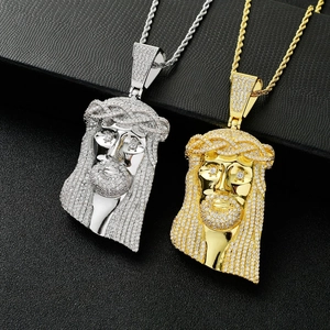 Hip-Hop Jesus-Anhänger Halsketten mit Zirkonia und Kordelkette in Gold und Silber Ausführung
