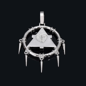Hip hop silver pendant necklace with geometric pyramid circle and iced out broken heart