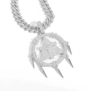 Hip hop silver Cuban chain with iced out eye of providence circle pendant and spikes