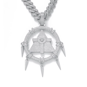 Detailed macro view of hip-hop pendant with pyramid eye design and sharp spikes
