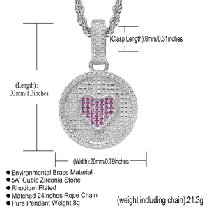 Pendentif cœur hip hop montrant les dimensions 33x20mm et les détails en laiton argenté