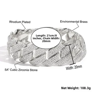 Detailed specs of 20mm rhodium plated brass Cuban link bracelet with 5A+ cubic zirconia stones