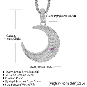 Diagramme détaillé du pendentif lune hip hop avec zircons 5A+ et dimensions de l'article