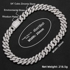 Detailed view of 20mm rhodium plated brass Cuban chain with 5A+ cubic zirconia stones