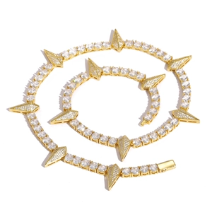 Set catena tennis hip hop in oro con zirconi brillanti e borchie a punta stile