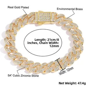 Detail view of 12mm gold plated iced out cuban link chain bracelet with 21cm length spec