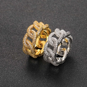 Anello hip hop a catena cubana in oro e argento con pavé di zirconi scintillanti