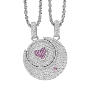 Collier hip hop pour couple avec pendentif rotatif et cœur en zircone rose serti