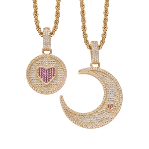 Colliers hip-hop plaqués or avec pendentifs soleil lune et cœurs en zircon pavé