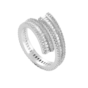 Anillo envolvente plateado hip hop con circonitas baguette para hombres de estilo geométrico