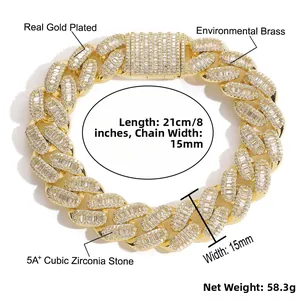 Detail of 15mm gold-plated brass Cuban chain with 5A+ cubic zirconia stones