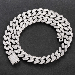 Collier gourmette cubaine 15mm argenté avec zircons baguette et ronds pavés