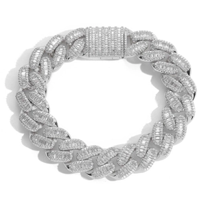 15mm silver tone Cuban link bracelet with square-cut cubic zirconia in hip hop style