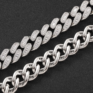 15mm Cuban link chain set with baguette zircon stones and polished silver finish