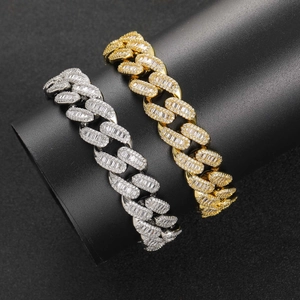 Iced out 15mm Miami Cuban link bracelet with baguette and round cut zircon in gold and silver