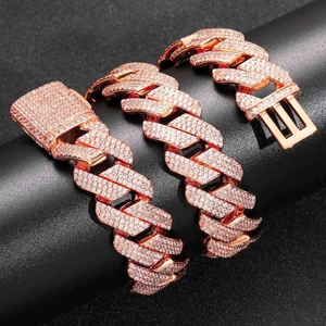 Detailed close-up of 20mm rose gold Cuban link necklace with triple-row zircon stones