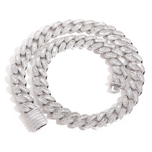 15mm silver tone Cuban link chain with baguette cut cubic zirconia in hip hop style