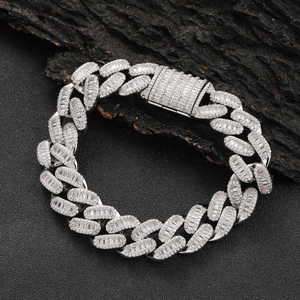 15mm Hip Hop Miami Cuban link bracelet in silver finish with iced-out square zircon stones