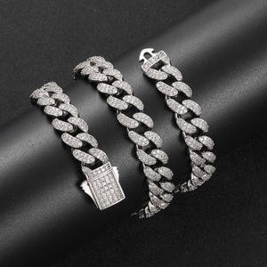 Silver 12mm Cuban link chain with micro-pave zircons and iced-out spring box clasp