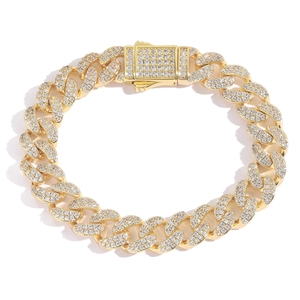 Hip hop 12mm gold plated Cuban chain bracelet with micro-paved cubic zirconia