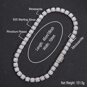 Detailed specs of 10mm Moissanite tennis necklace in 925 sterling silver, 18 inch length