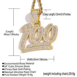 Detail of gold 100 pendant with 5A zirconia showing precise measurements and gold plating