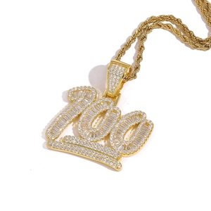 Hip hop gold plated necklace with 100 number pendant and sparkling iced out crystals