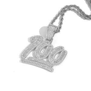Hip-hop style silver necklace featuring a sparkling 100 pendant on a twisted rope chain